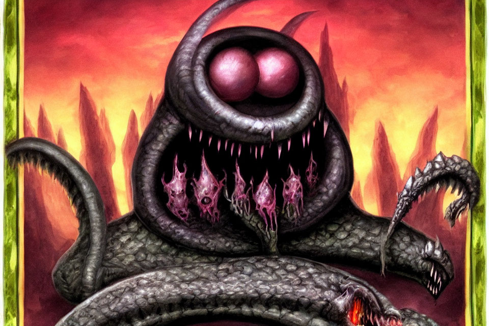 Sinister creature with multiple eyes, sharp teeth, and tentacles in red-tinted setting