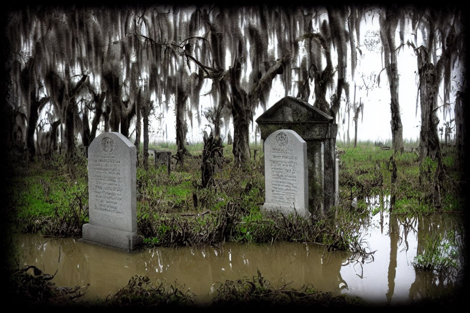 Gloomy swamp with moss-laden trees and weathered gravestones