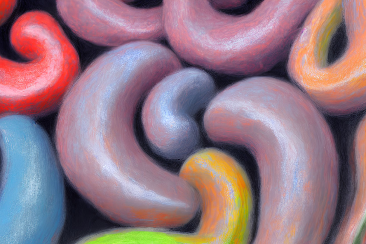 Abstract Pastel Drawing with Swirling Pink, Blue, Orange, and Green Shapes