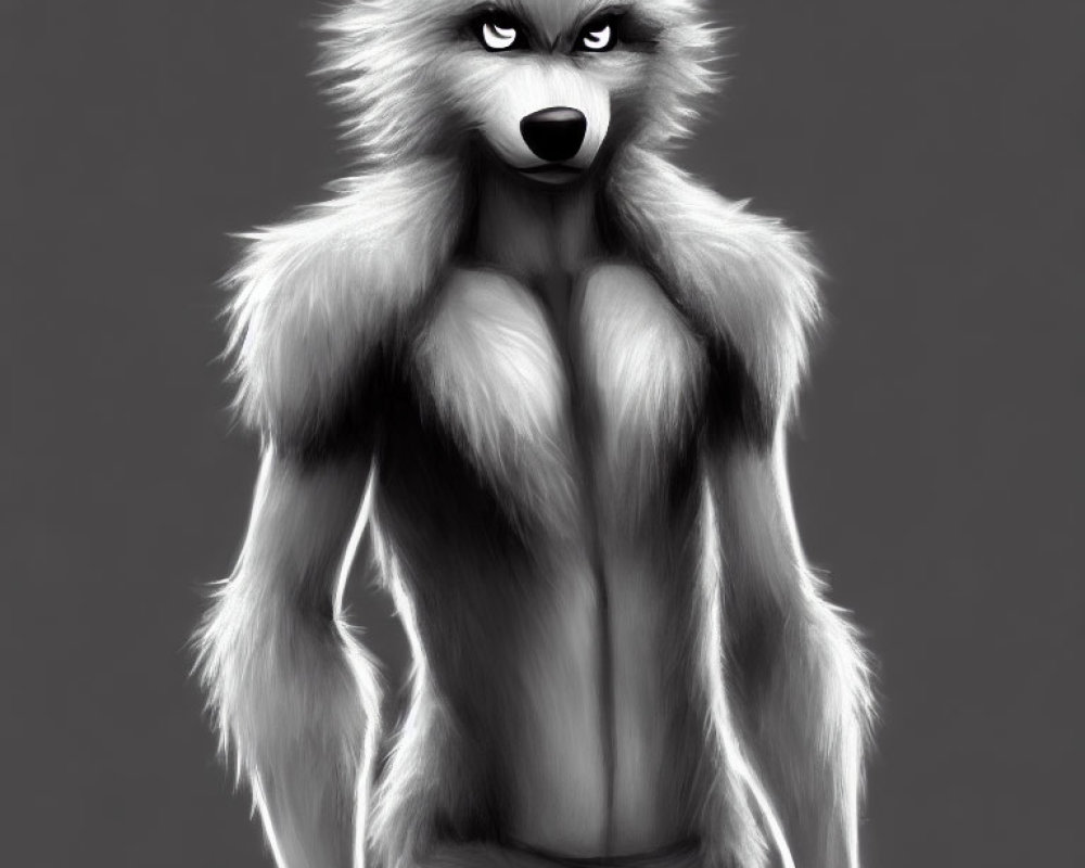 Monochrome anthropomorphic wolf with muscular torso and intense eyes