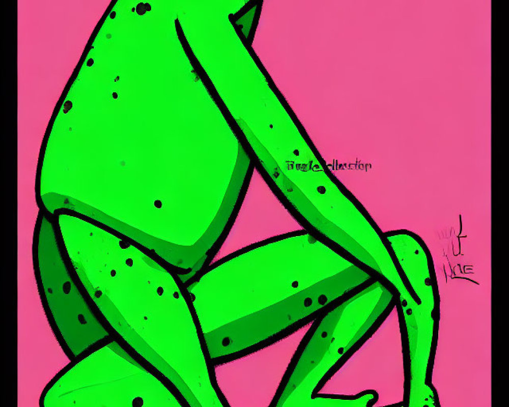Colorful digital drawing of a green frog with red eyes on pink background