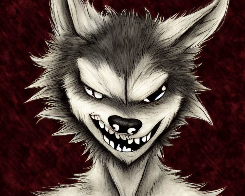 Anthropomorphic wolf illustration with sharp teeth and aggressive expression