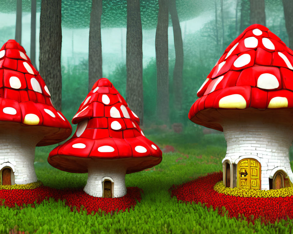 Whimsical mushroom houses in lush green forest