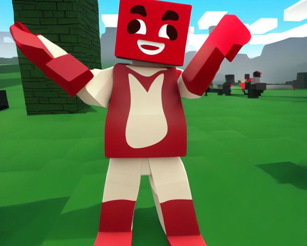 Blocky Red and White Smiling Character in 3D Grass Landscape