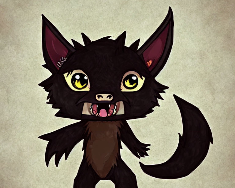Black animated creature with cat and wolf features, large eyes, and playful grin