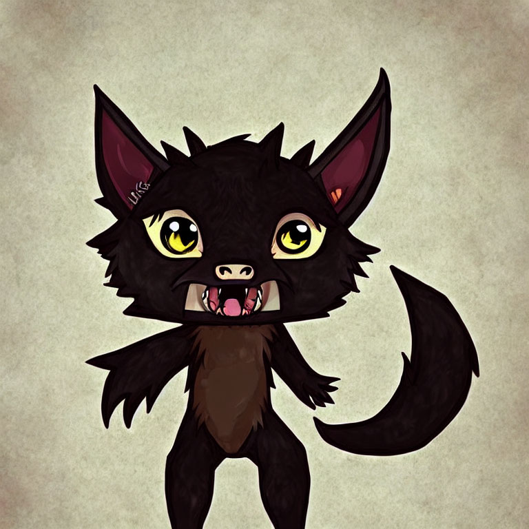 Black animated creature with cat and wolf features, large eyes, and playful grin