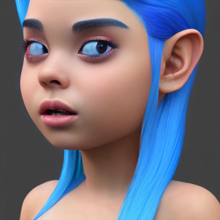 Close-up of 3D-animated girl with blue hair and expressive eyes on grey background