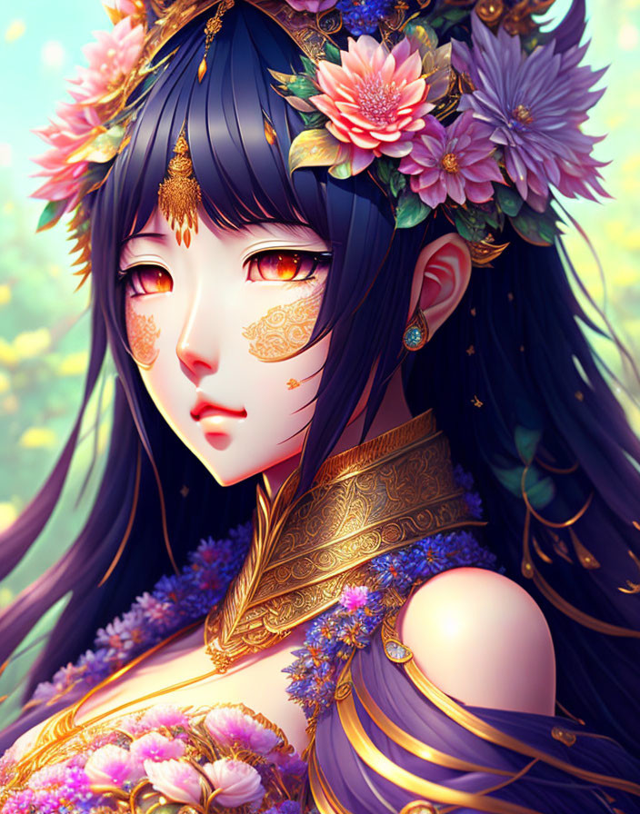 Illustrated female with long purple hair, floral crown, gold tattoos, and intricate jewelry
