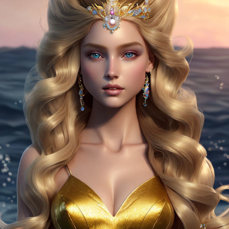 Blonde woman in gold dress and crown by ocean sunset
