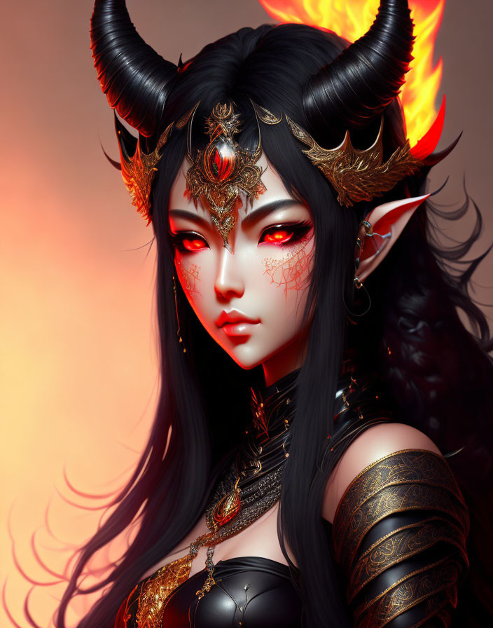 Fantasy digital artwork of female character with horns and red eyes