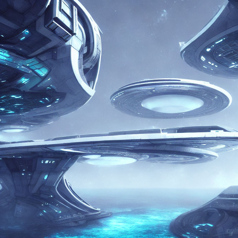 Circular structures and glowing blue lights in futuristic floating city under overcast sky.
