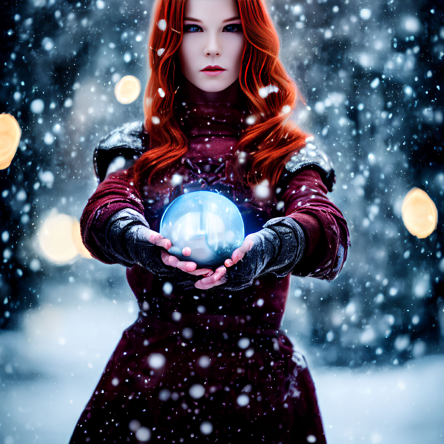 Red-haired woman in burgundy outfit holding glowing orb in snowfall with bokeh lights.
