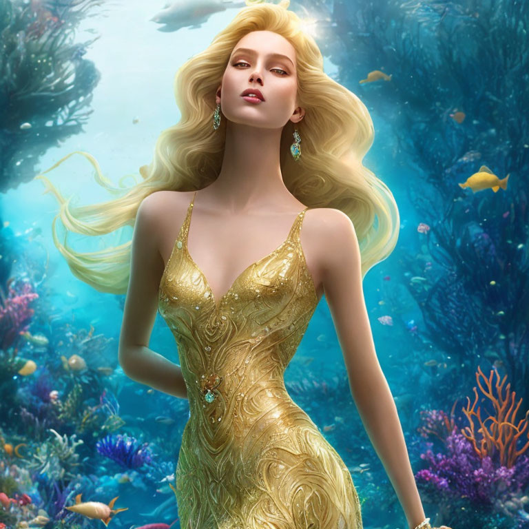 Blonde woman in gold dress in vibrant underwater scene