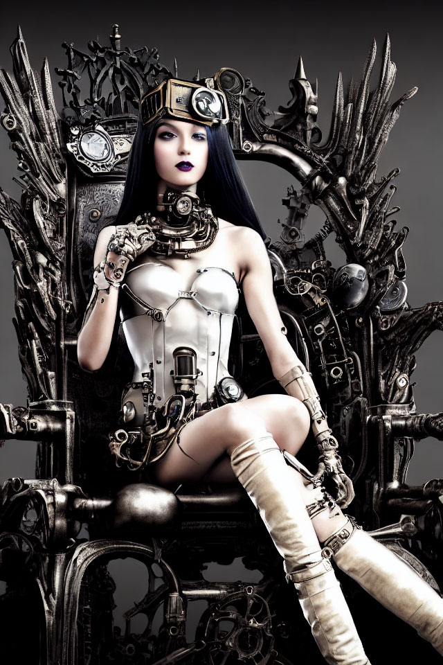 Steampunk woman in corset with mechanical arm on ornate throne