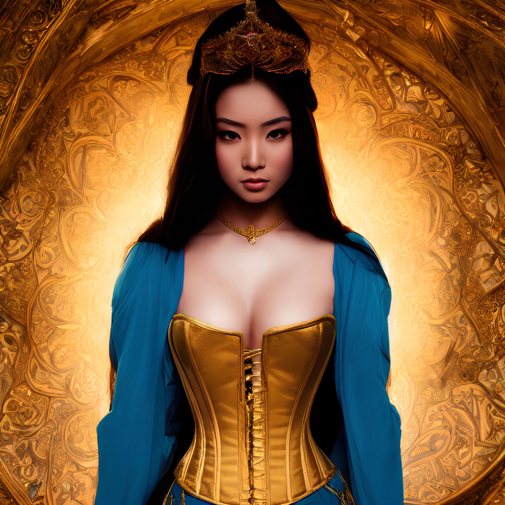 Dark-haired woman in golden crown and corset on ornate background