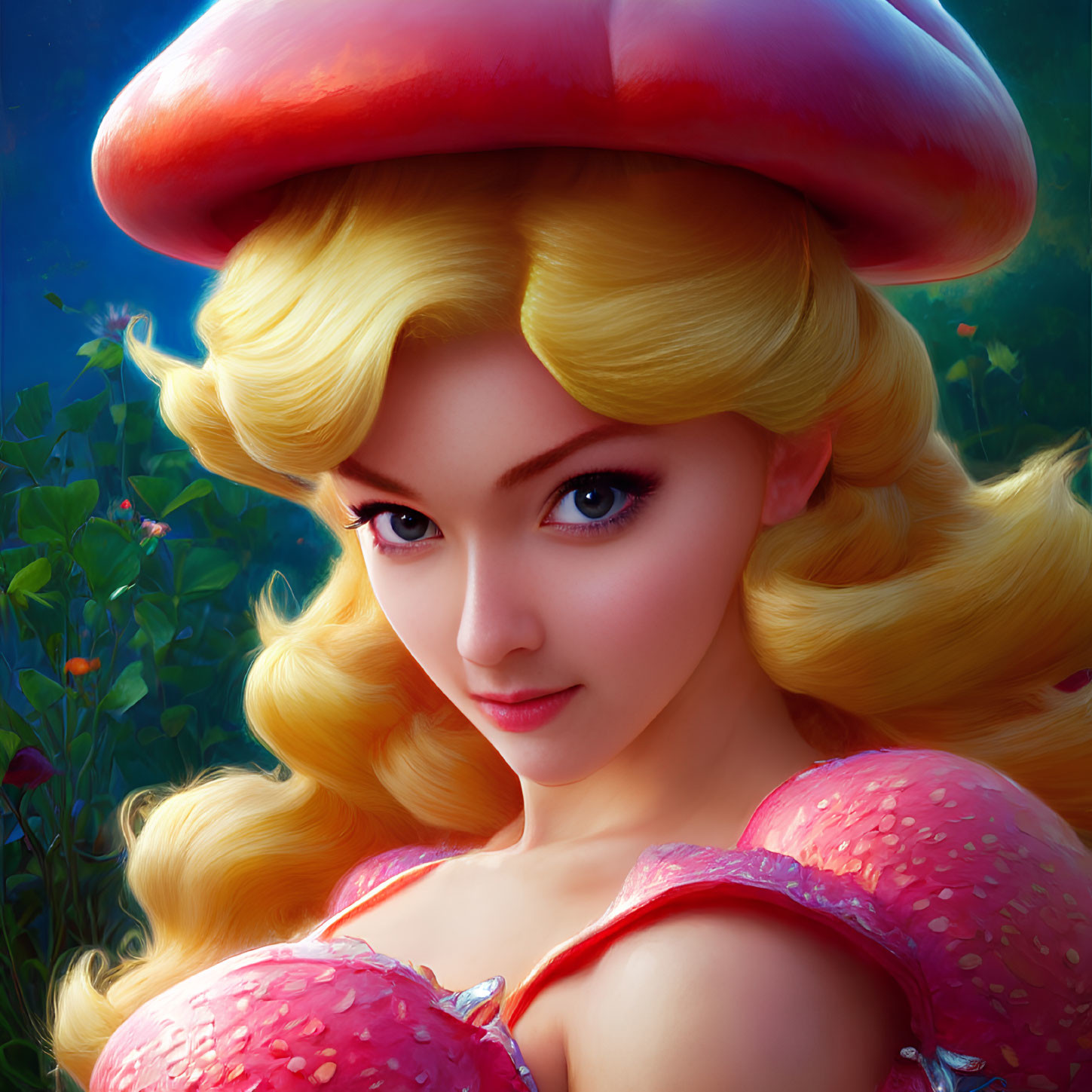 Digital artwork of woman in mushroom hat and red dress against fantasy woodland.
