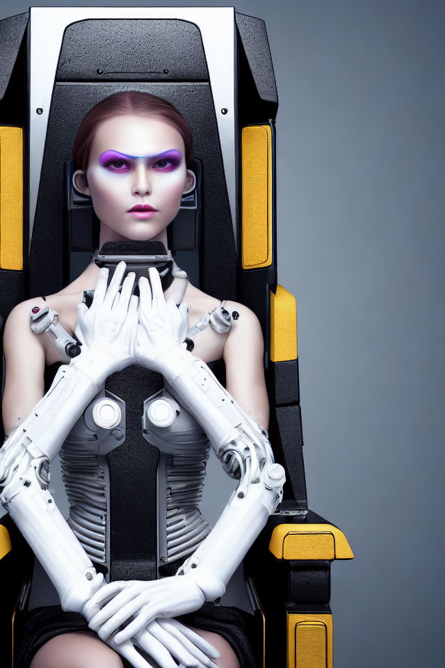 Futuristic woman with purple eye makeup in high-tech chair with robotic arms
