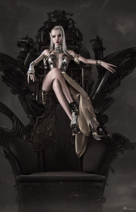 Pale woman in futuristic metallic armor on ornate gothic chair