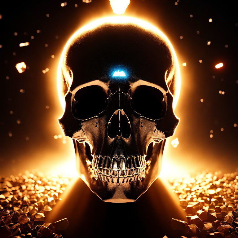 Glossy Black Skull with Blue Glowing Eyes and Golden Particles