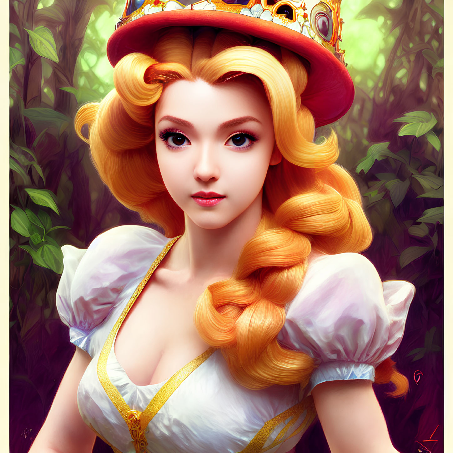 Blonde woman with crown in puffy-sleeved dress against leafy backdrop