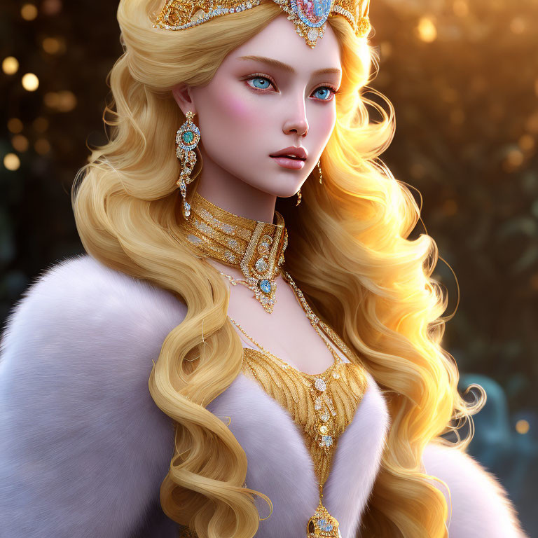 Fantasy queen digital artwork with blonde hair, blue eyes, crown, and fur stole