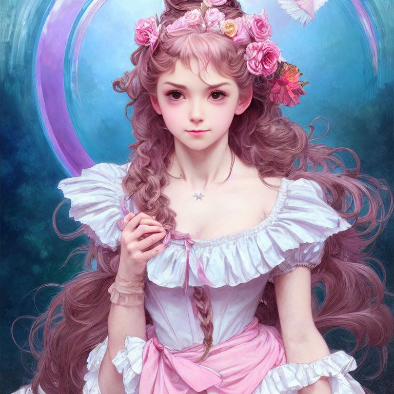 Detailed digital art of young girl with flowing hair and pink roses in fantasy setting.