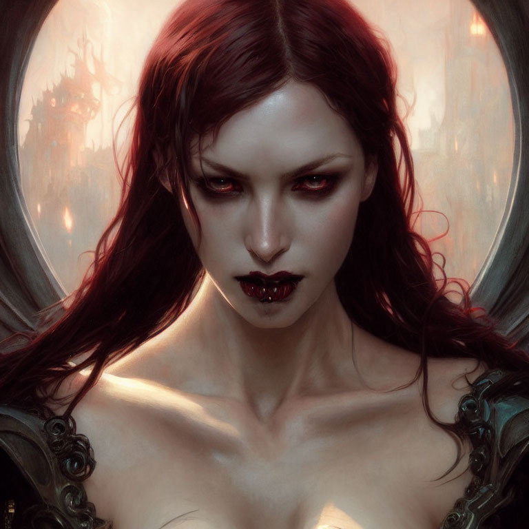 Gothic vampire woman with red eyes and red hair in castle setting