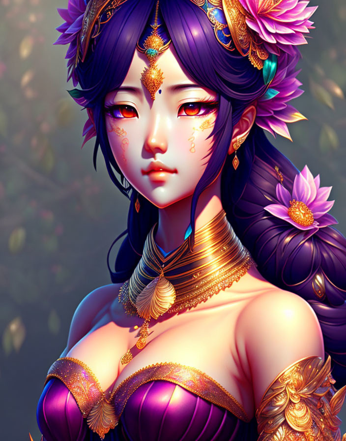 Illustrated Female Character with Purple Hair and Lotus Flower Theme Against Floral Backdrop