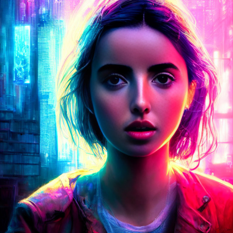 Colorful digital portrait with neon-lit cityscape background and vibrant light reflections.