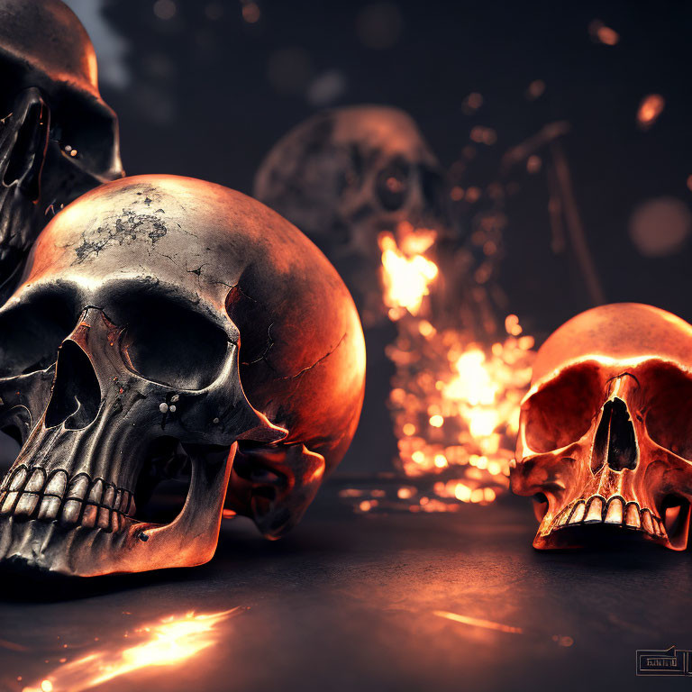 Three metallic skulls on dark surface with glowing ember-like effect in background