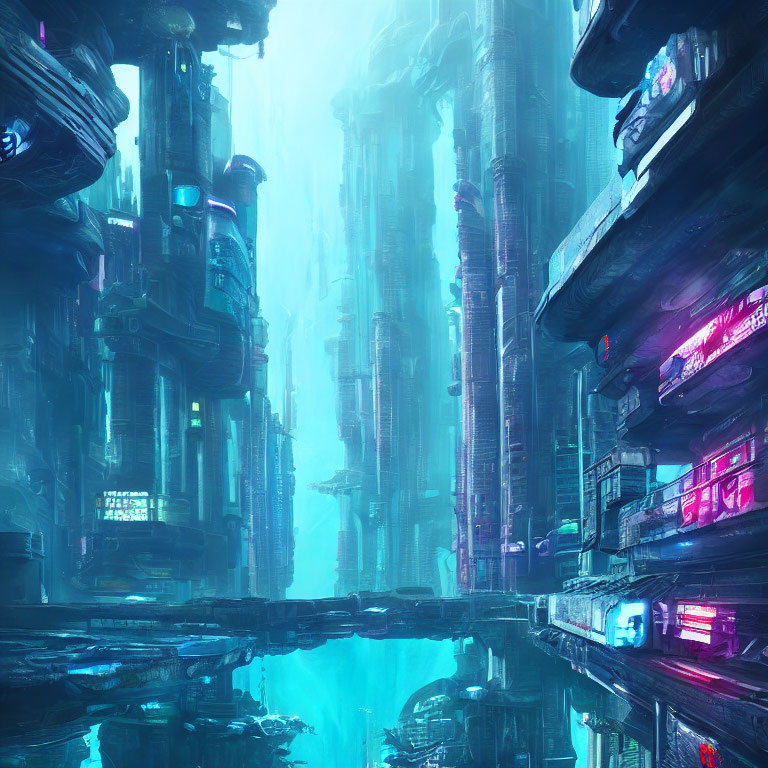 Futuristic cityscape with neon-lit skyscrapers reflected in water