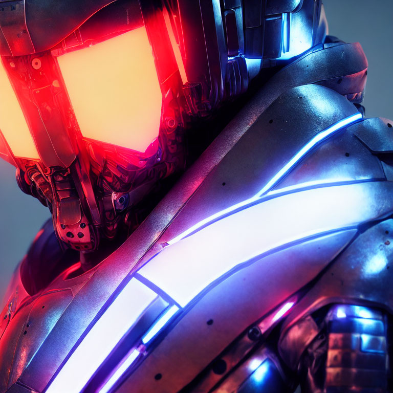 Futuristic armored suit with red and blue neon lights on moody backdrop