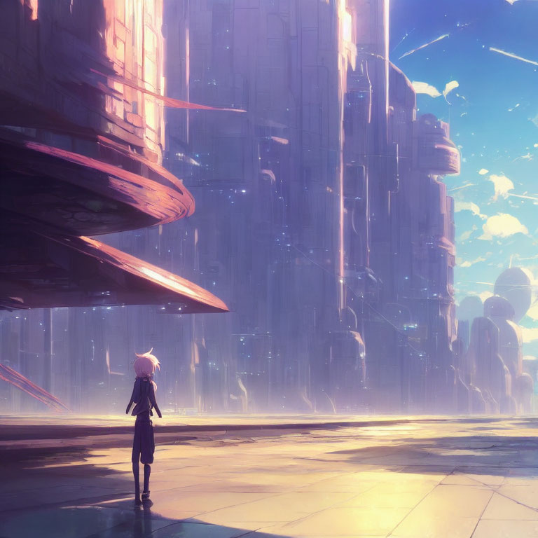 Futuristic cityscape with person and flying vehicles at sunset