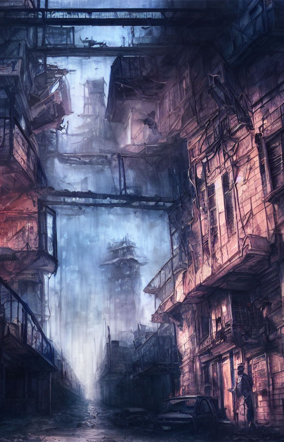 Dystopian alleyway with dilapidated buildings and misty backdrop