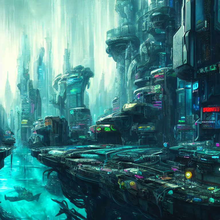 Futuristic cityscape with towering buildings, heavy rainfall, neon signs, flying vehicles, and marine
