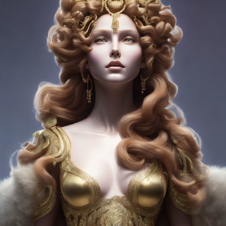 Baroque-inspired woman with voluminous curly hair and golden accessories.