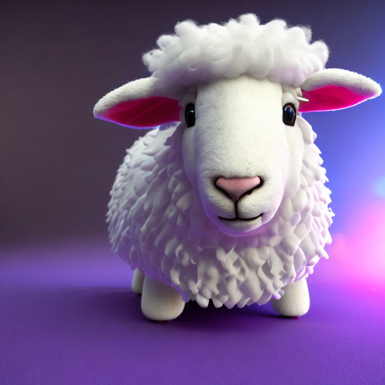 Fluffy white plush toy sheep on purple background