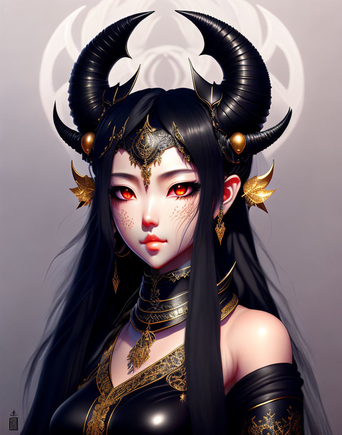 Character with gold-trimmed attire, curled horns, and red eyes on crescent moon backdrop