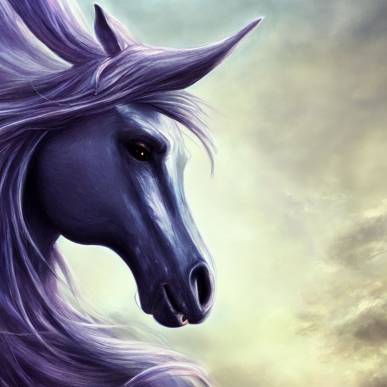 Majestic purple-maned unicorn in cloudy sky illustration
