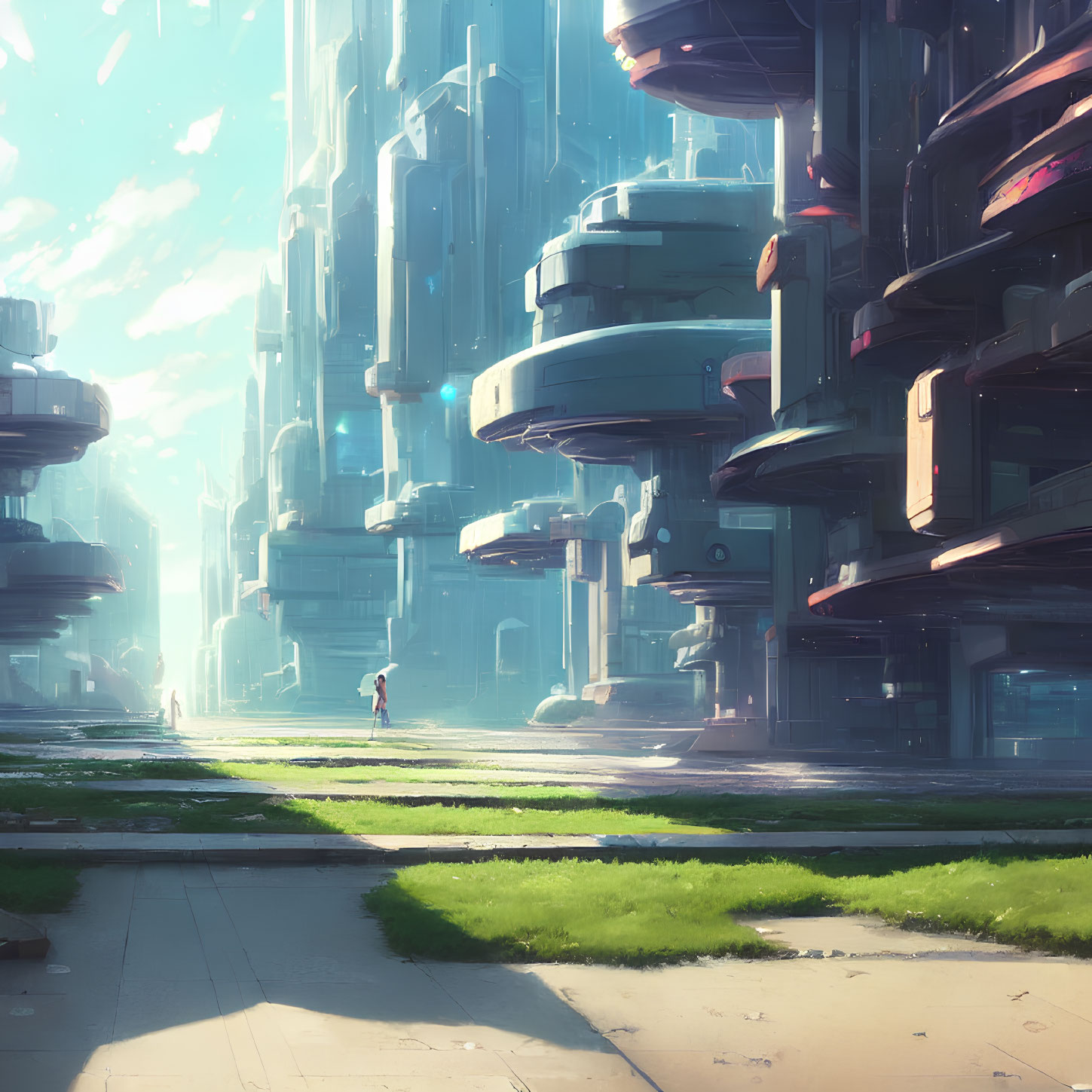 Futuristic cityscape with towering buildings and tiny human figures