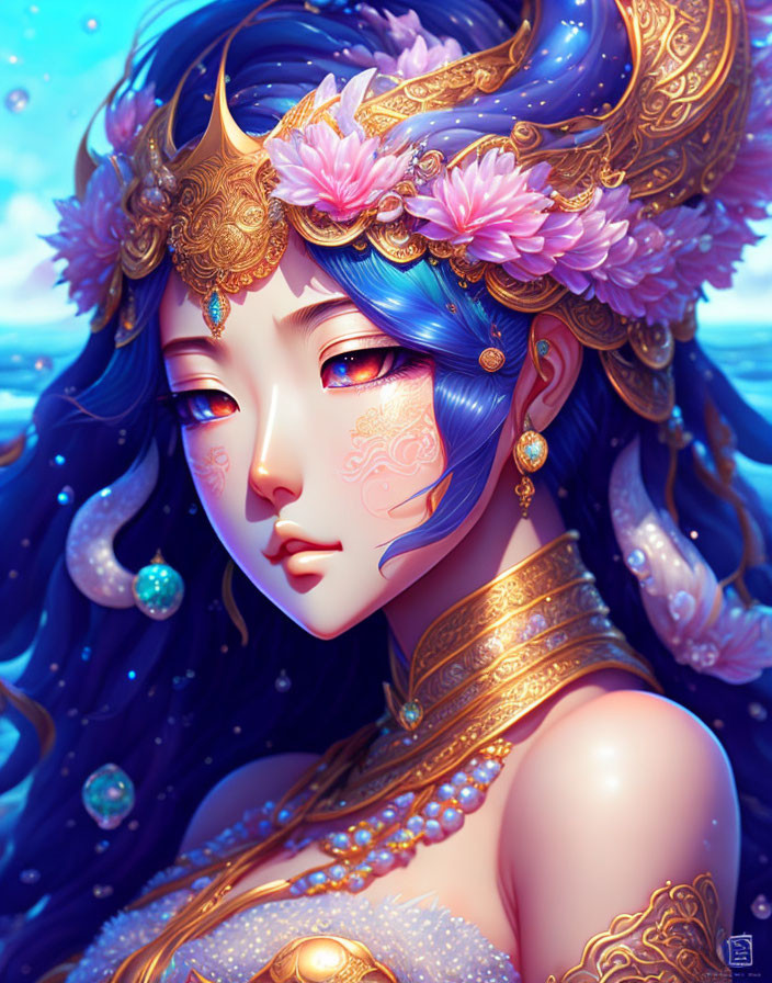 Fantasy female character with blue skin and elaborate golden headpiece