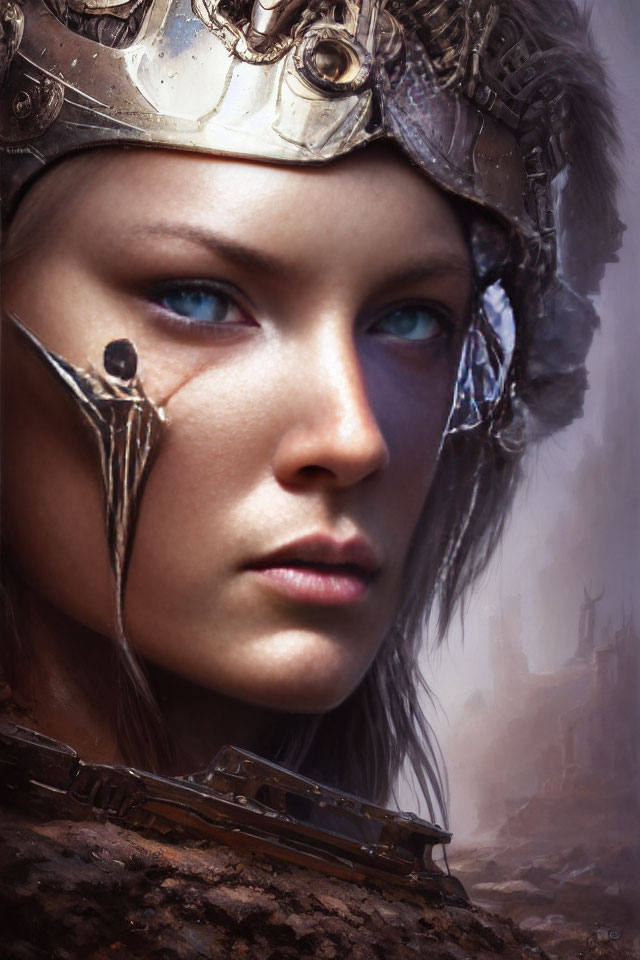Fantasy digital painting of woman with blue eyes in intricate helmet.