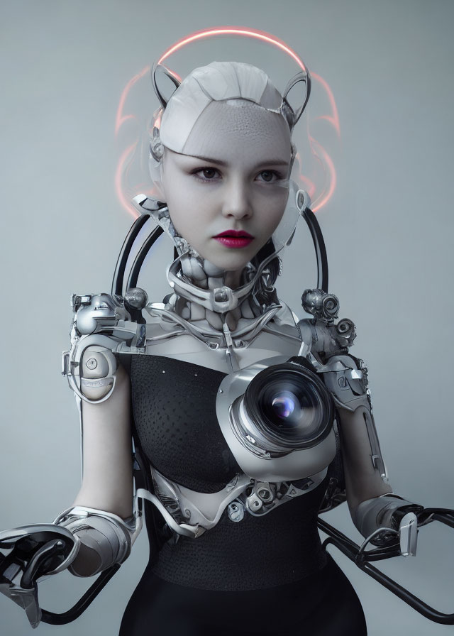 Female android with camera lens eye and glowing halo headgear on plain background