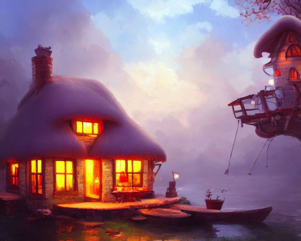 Quaint Thatched-Roof Cottage, Treehouse, River, and Dusk Boat Scene