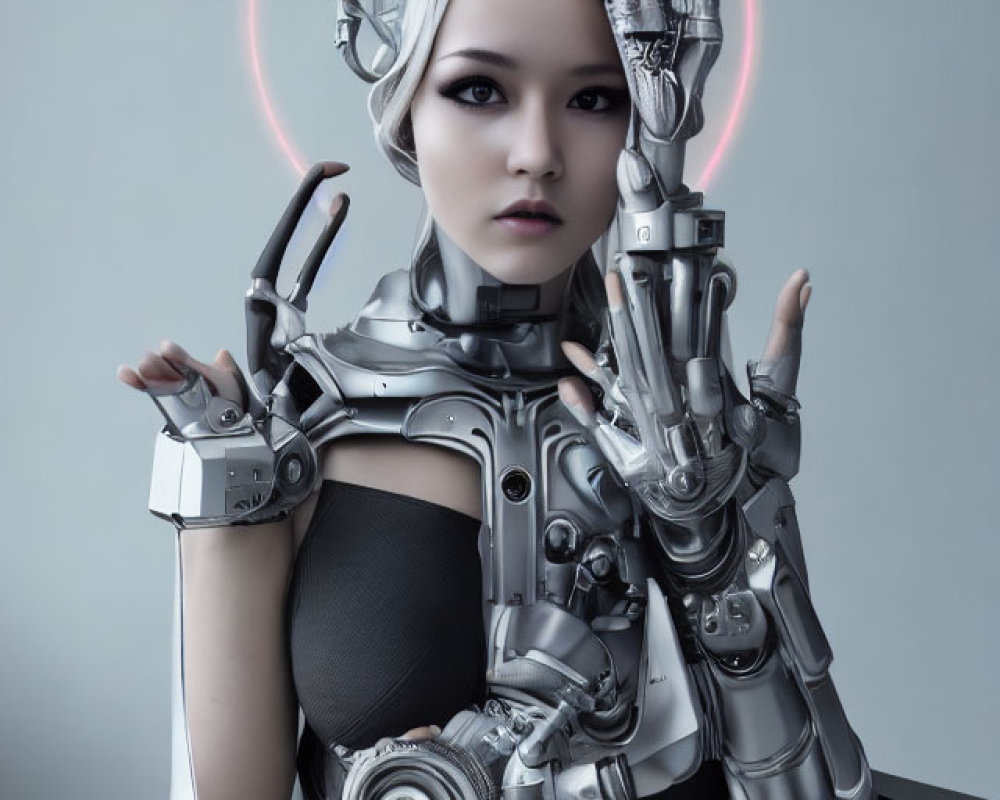 Female cyborg with robotic arm and halo light on gray background