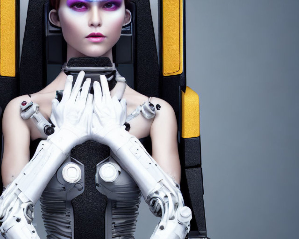 Futuristic woman with purple eye makeup in high-tech chair with robotic arms