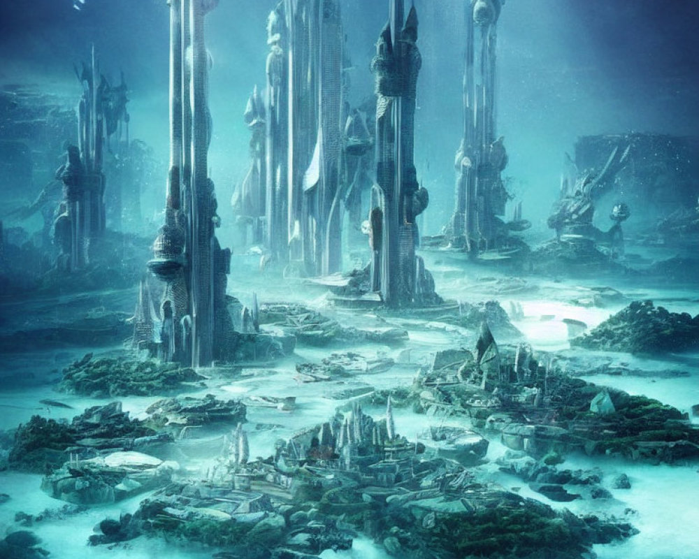 Ethereal underwater city with towering ruins and blue glow