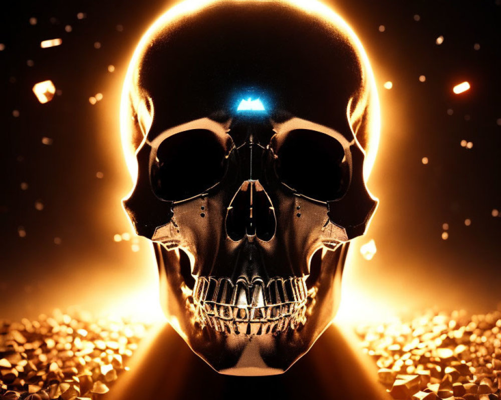 Glossy Black Skull with Blue Glowing Eyes and Golden Particles