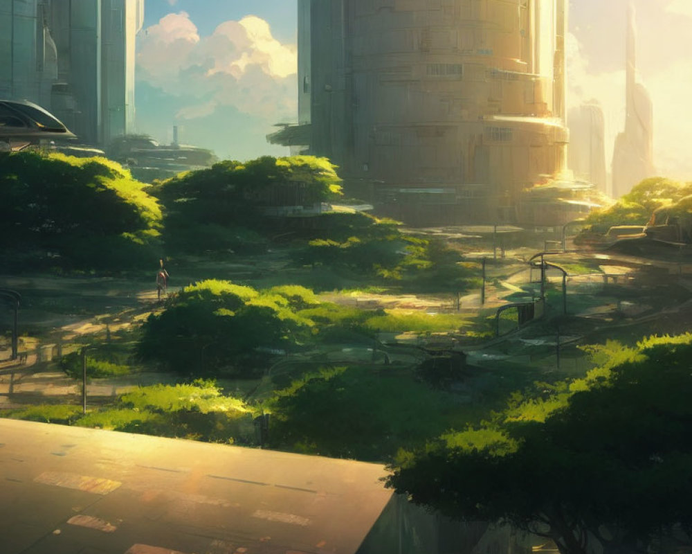 Futuristic cityscape with skyscrapers, greenery, and figure walking