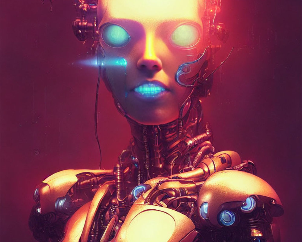 Detailed humanoid robot with glowing eyes and intricate wiring in reddish light